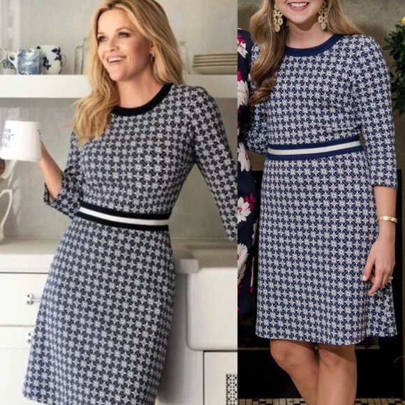 Draper James Dresses & Skirts - DRAPER JAMES Honeycomb Floral Dress Navy Blue White 3/4 Sleeve Fit & Flare Dress